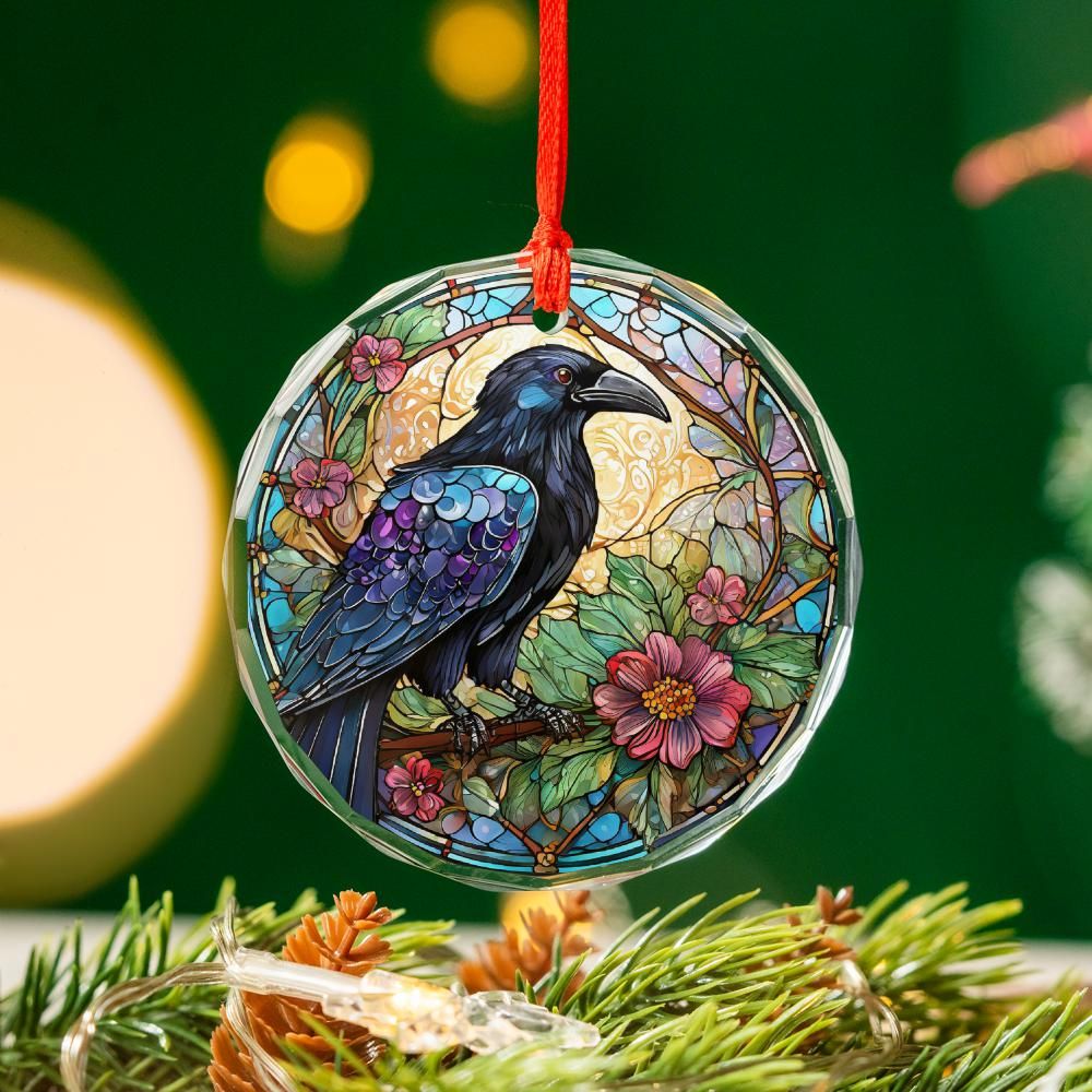 Dark Crow Glass Ornament Black Raven Christmas Tree Ornament-MoonChildWorld