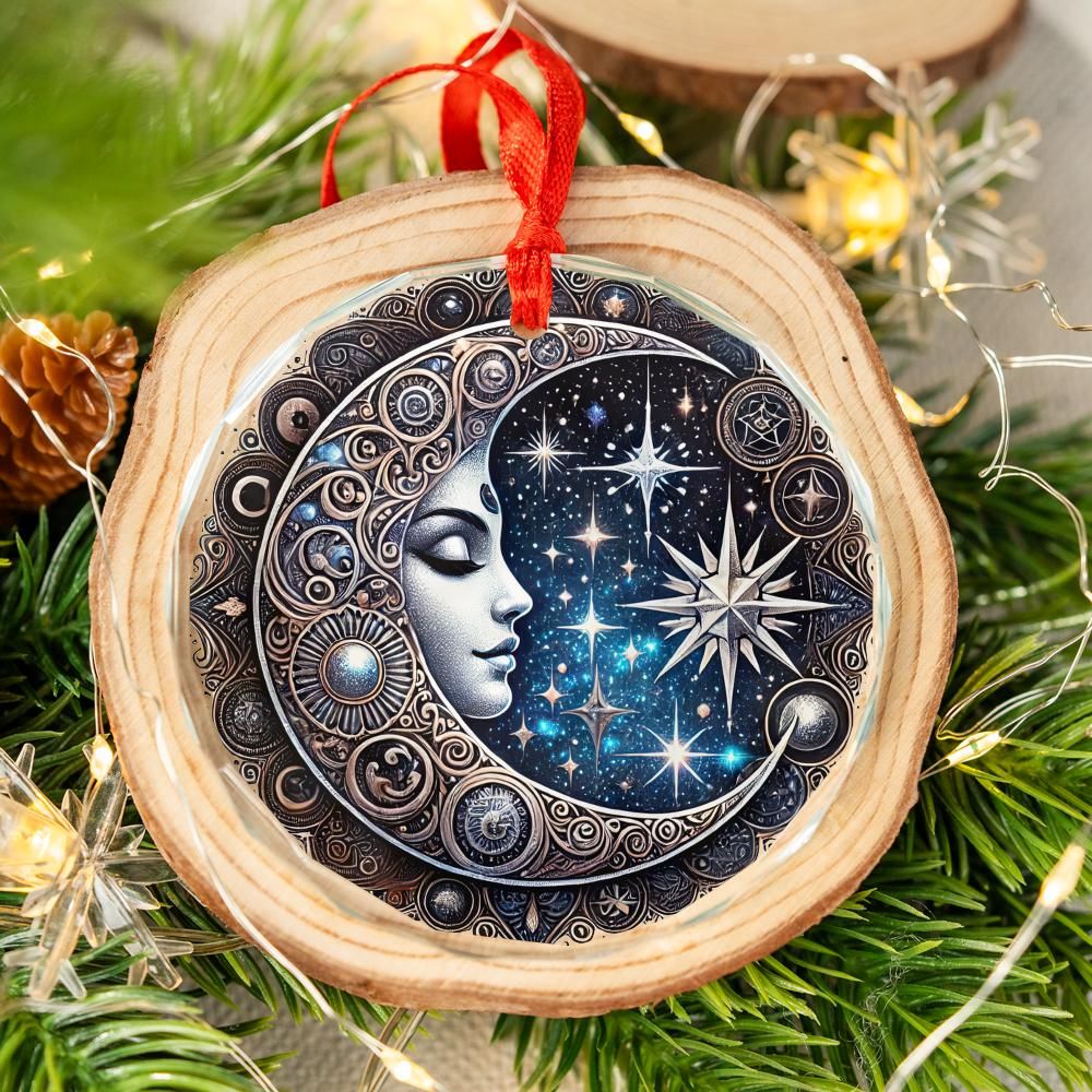 Star Moon Goddess Celestial Glass Ornament Pagan Yule Ornament-MoonChildWorld