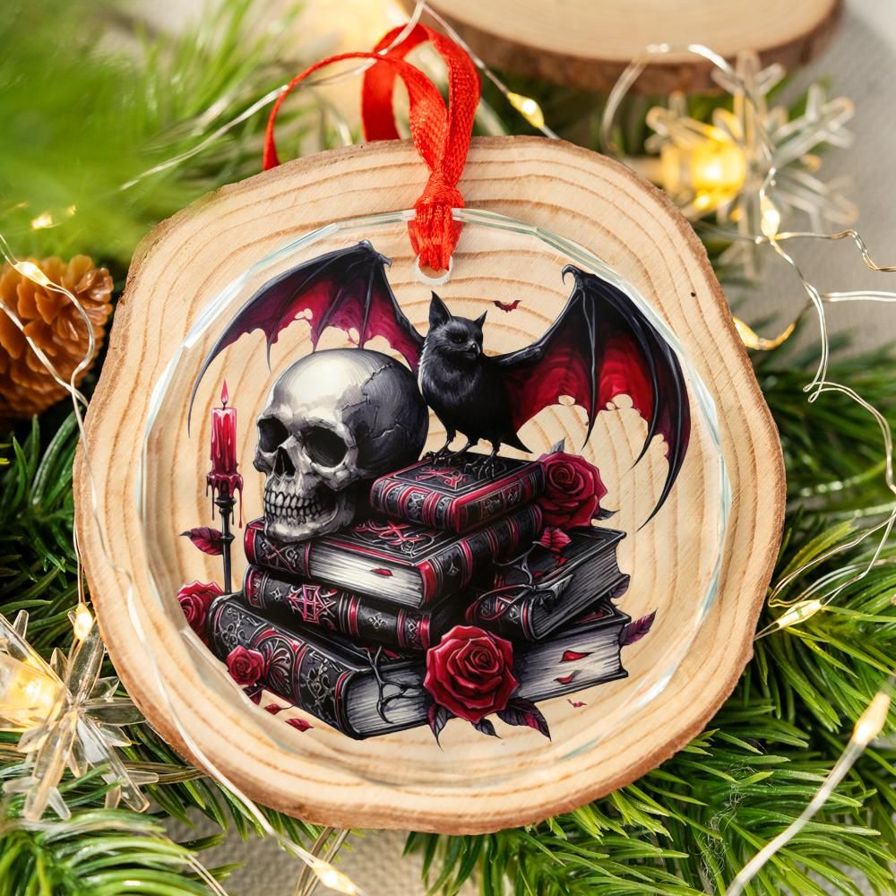 Skull Bat on Spell Books Glass Ornament Gothic Christmas Tree Ornament-MoonChildWorld