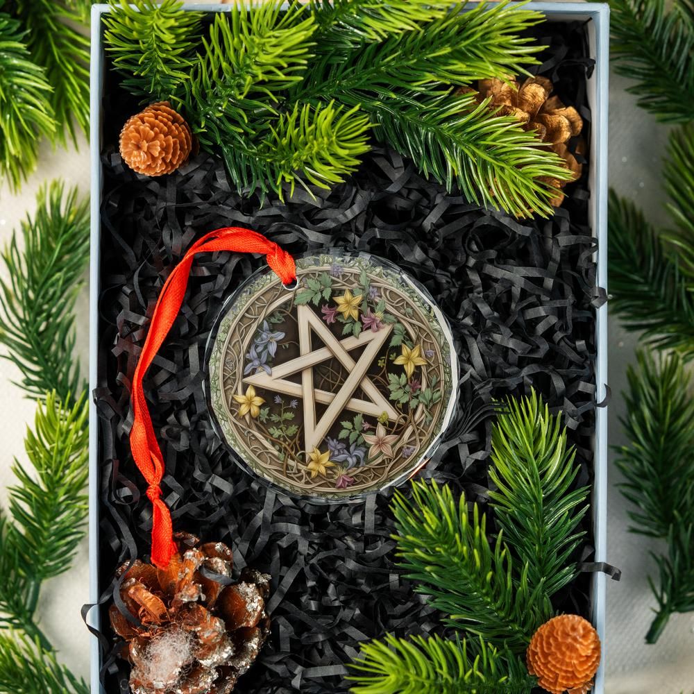 Floral Pentacle Glass Ornament Pagan Wicca Christmas Tree Ornament-MoonChildWorld