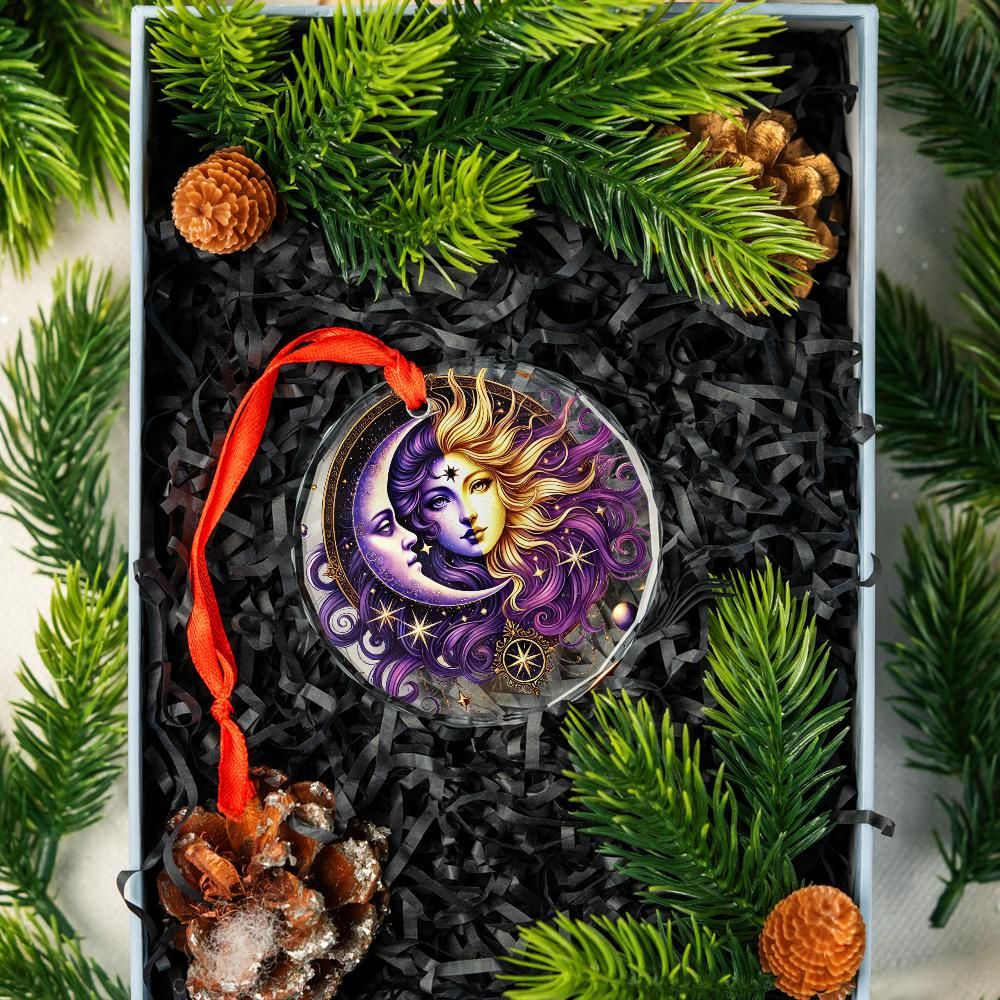 Celestial Sun Moon Goddess Glass Ornament Pagan Christmas Tree Ornament-MoonChildWorld