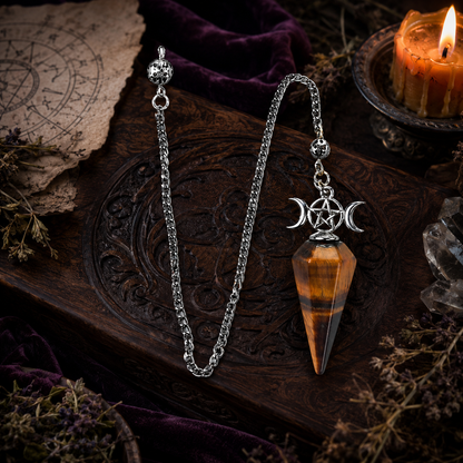 Tiger eye Triple Moon pendulum with complete chain details on a Wiccan altar
