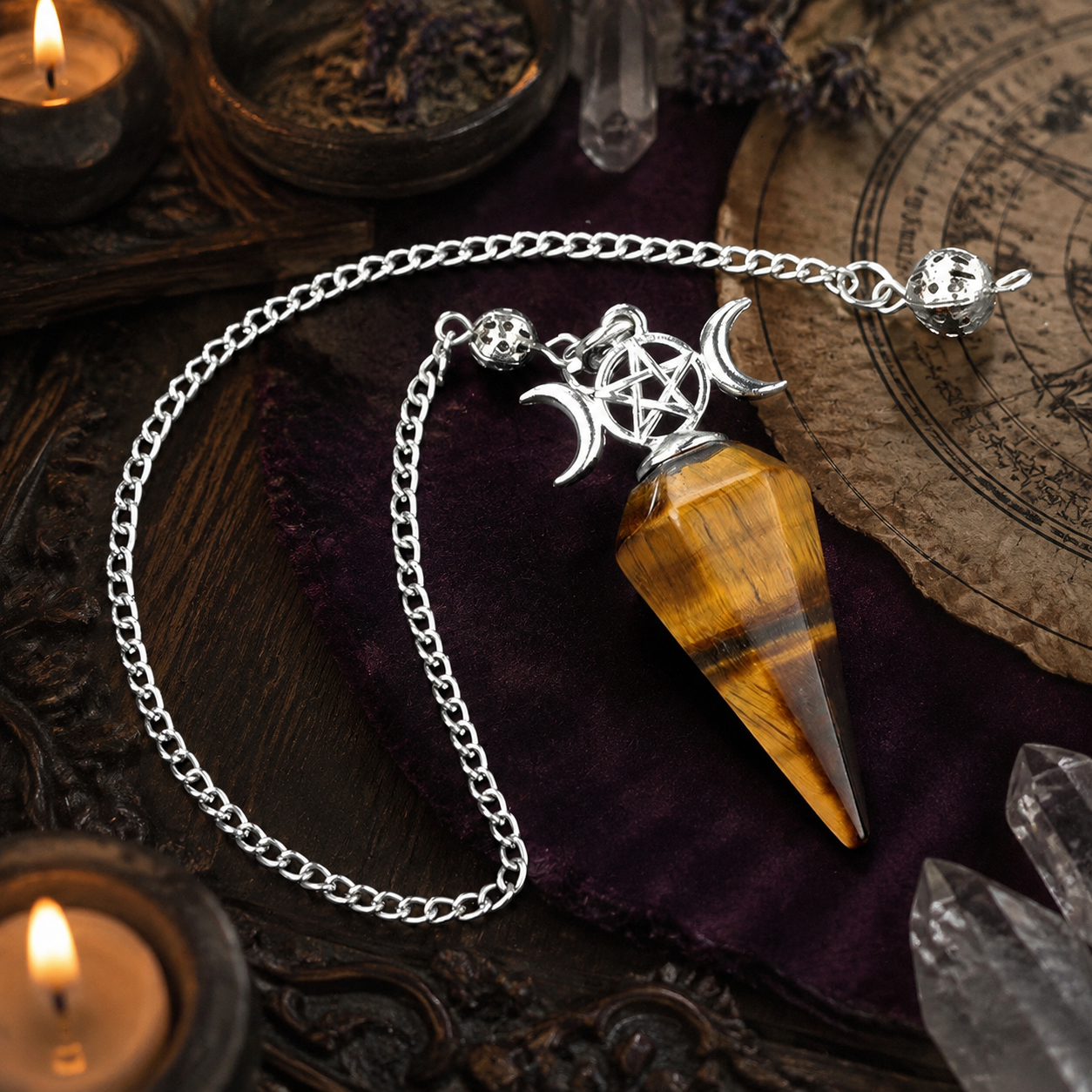 Tiger eye Triple Moon crystal pendulum on a candlelit Wiccan altar