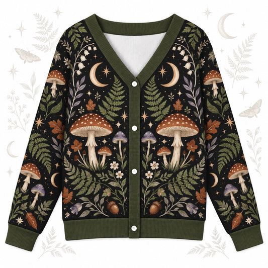 Toadstool Fern Acorn Witchy Cardigan for Women Forest Green Cottagecore, front view