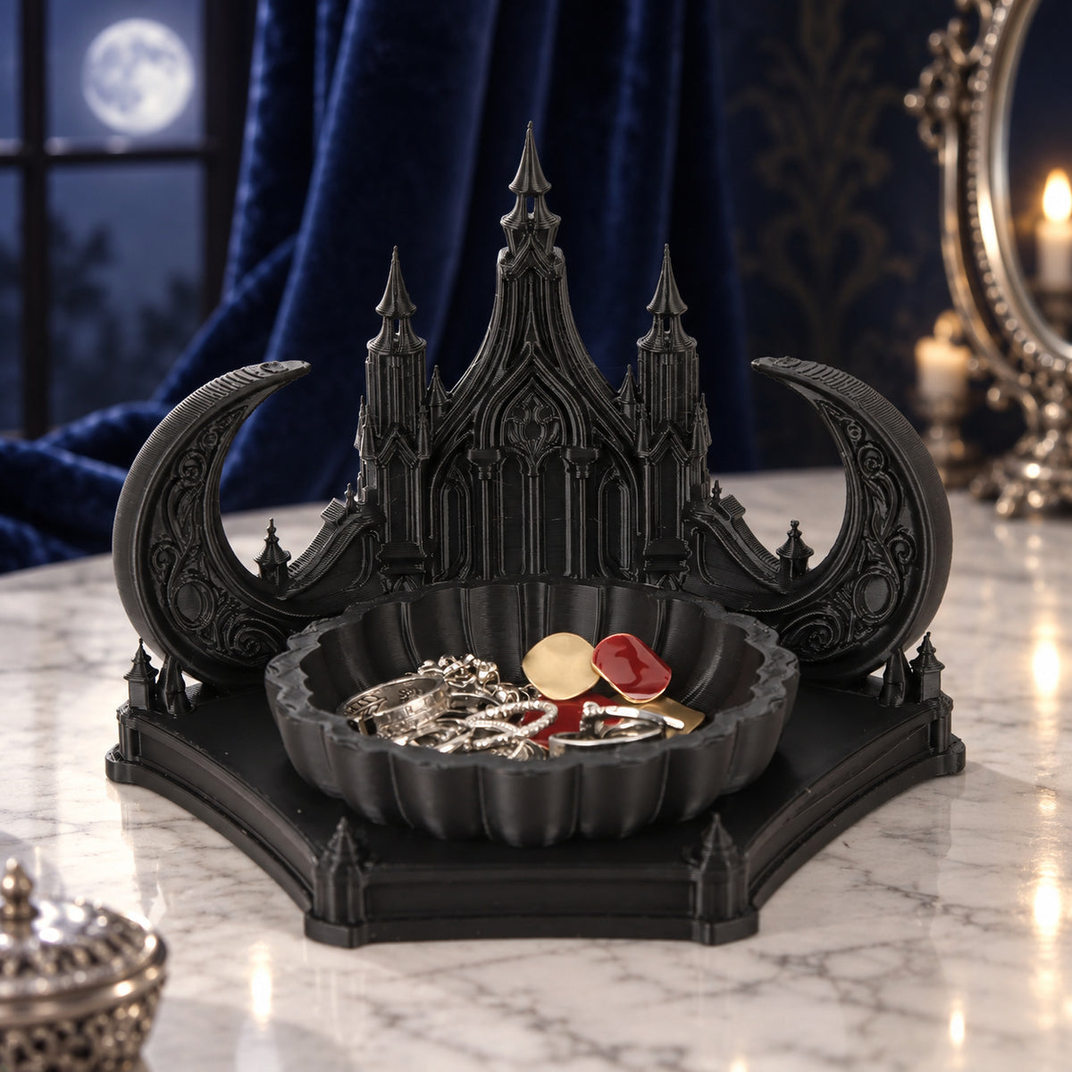 Gothic Castle & Crescent Moon Jewelry Tray for Trinkets — detailed product view in a witchy room