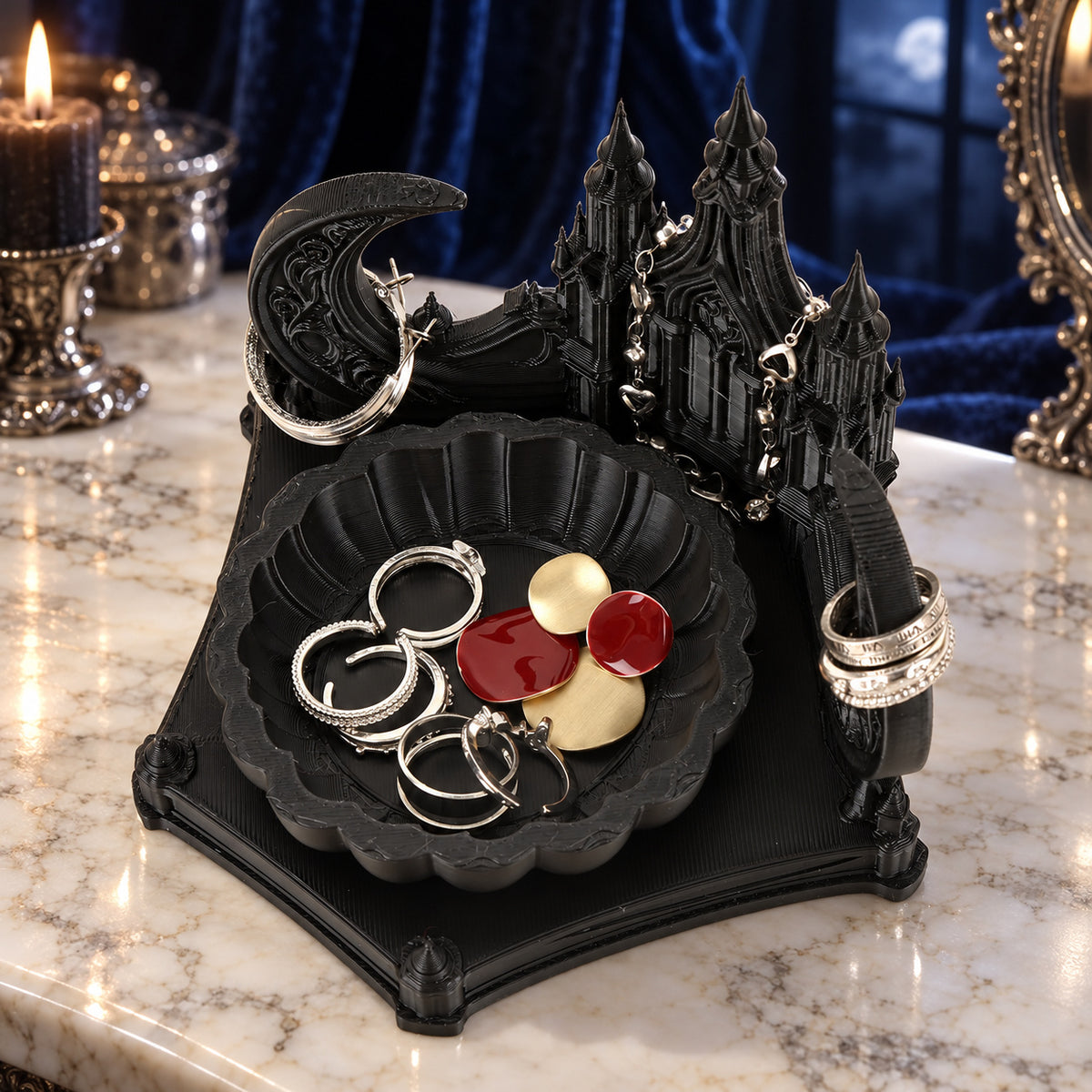 Gothic Castle & Crescent Moon Jewelry Tray for Trinkets — detailed product view in a witchy room