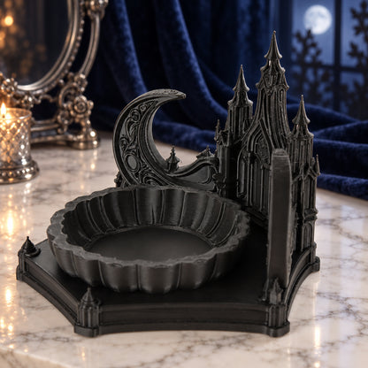 Gothic Castle & Crescent Moon Jewelry Tray for Trinkets — detailed product view in a witchy room