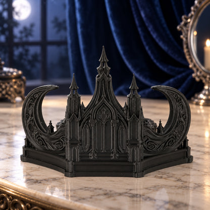 Gothic Castle & Crescent Moon Jewelry Tray for Trinkets — detailed product view in a witchy room