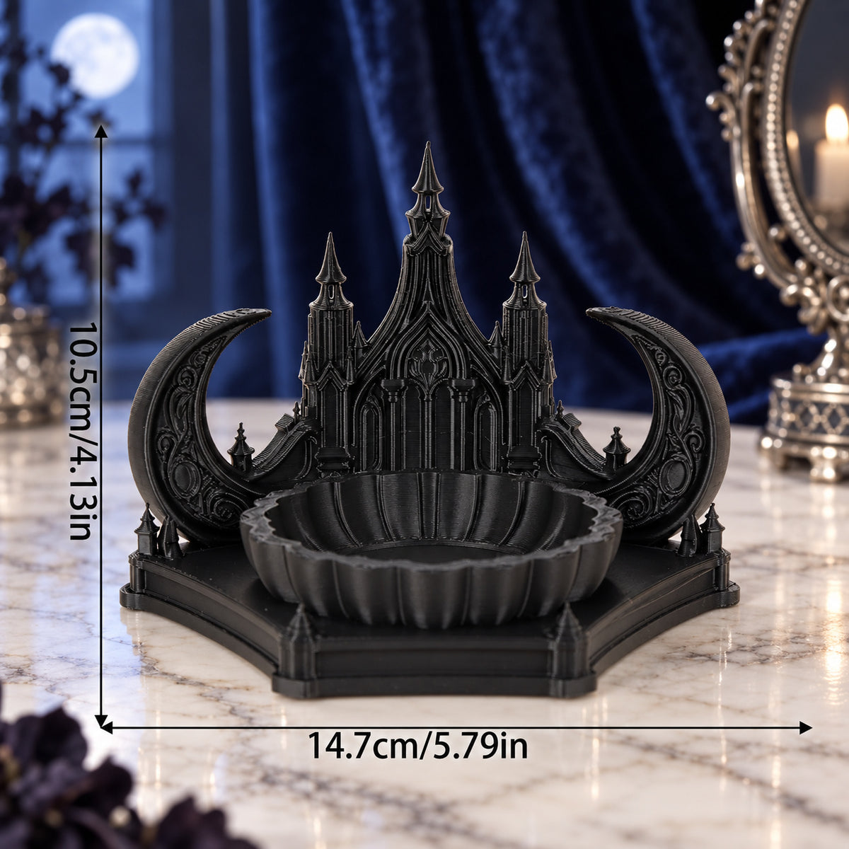 Gothic Castle & Crescent Moon Jewelry Tray for Trinkets — detailed product view in a witchy room