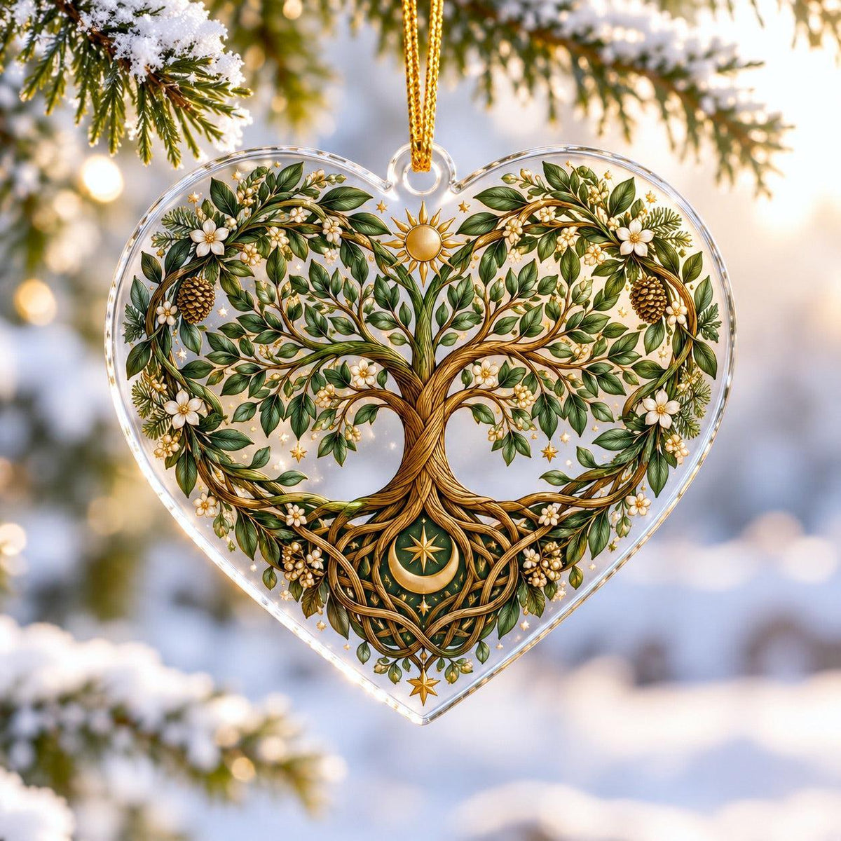 Tree of Life Pagan Acrylic Ornament Set – Yule Solstice Christmas Decor – Heart Tree of Life ornament