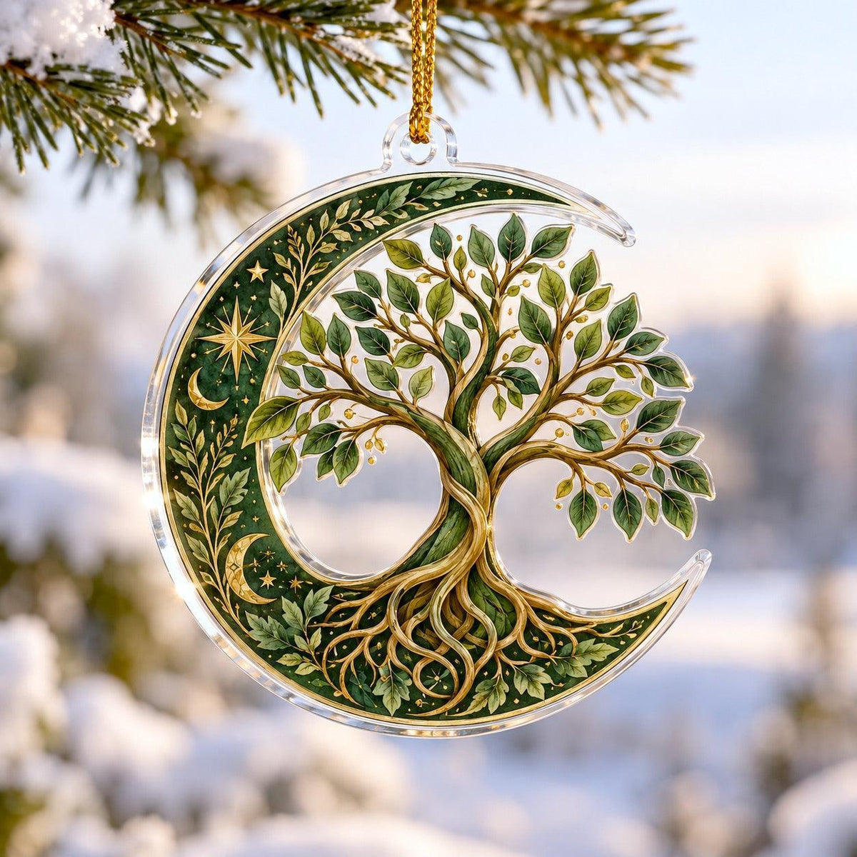Tree of Life Pagan Acrylic Ornament Set – Yule Solstice Christmas Decor – Crescent Tree of Life ornament