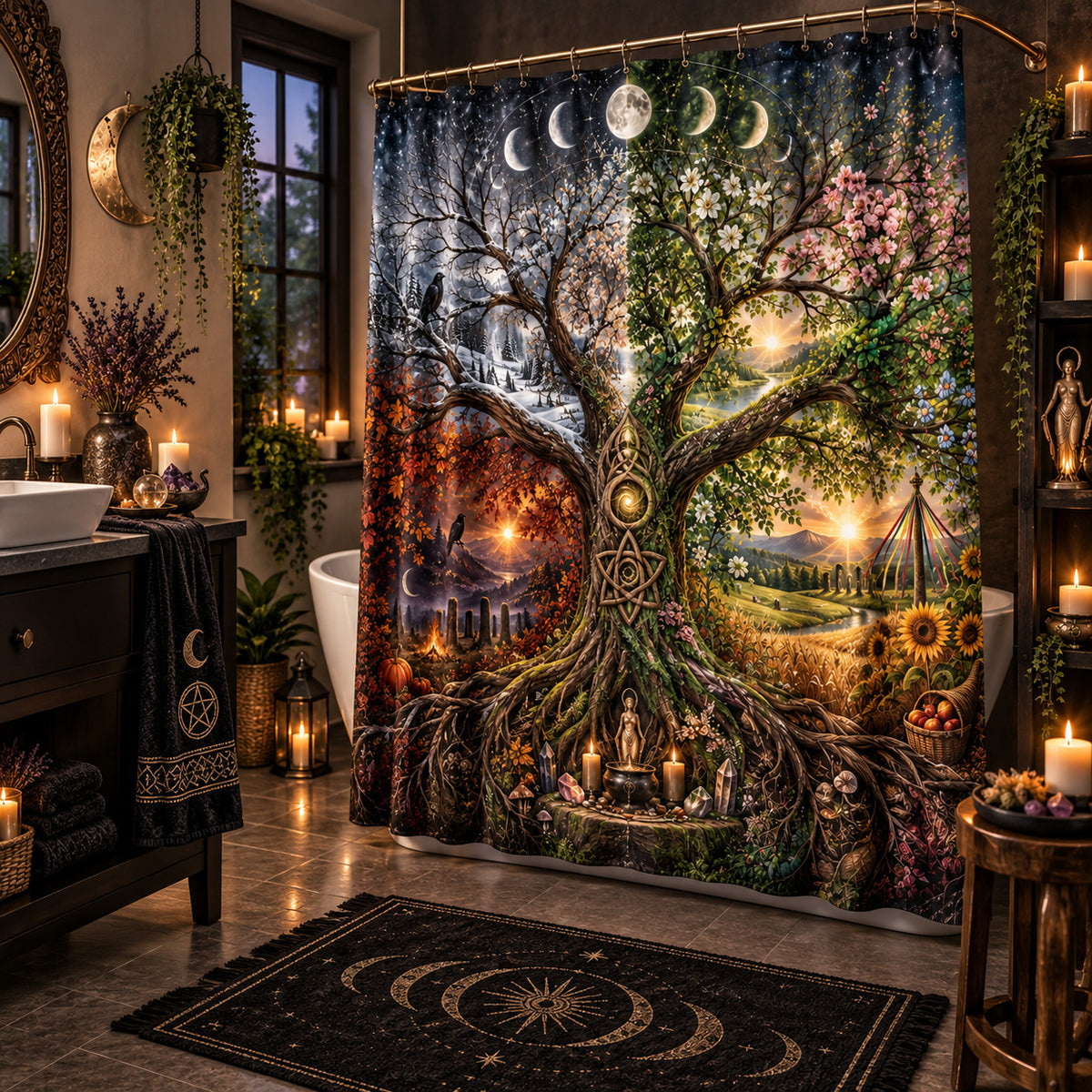 Tree of Life Shower Curtain - Four Seasons Pagan Wheel Decor, styled shot 2