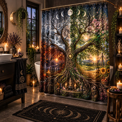 Tree of Life Shower Curtain - Four Seasons Pagan Wheel Decor, styled shot 2