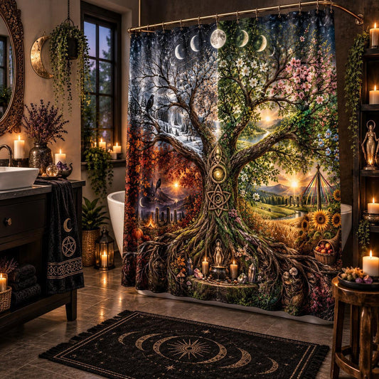 Tree of Life Shower Curtain - Four Seasons Pagan Wheel Decor, styled shot 2