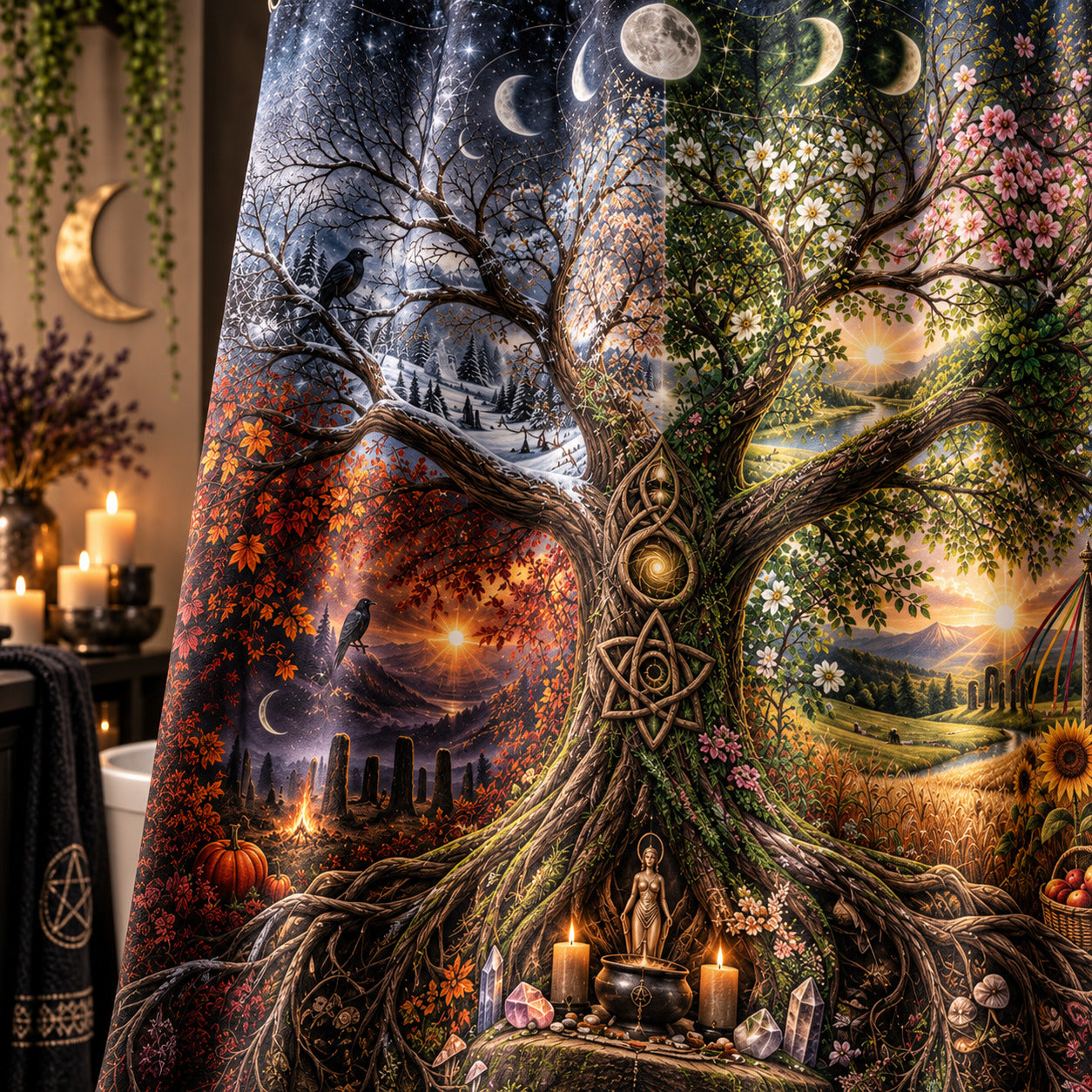Tree of Life Shower Curtain - Four Seasons Pagan Wheel Decor, styled shot 4