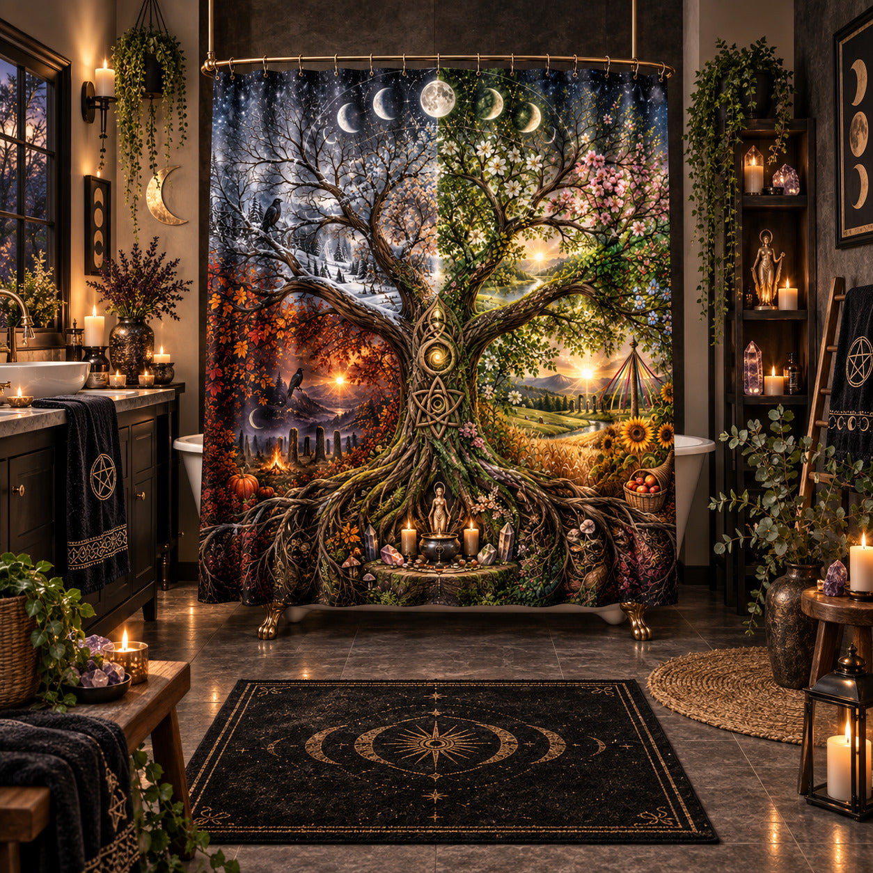 Tree of Life Shower Curtain - Four Seasons Pagan Wheel Decor, styled shot 5