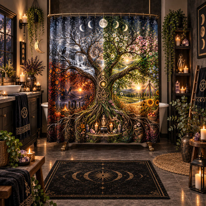 Tree of Life Shower Curtain - Four Seasons Pagan Wheel Decor, styled shot 5