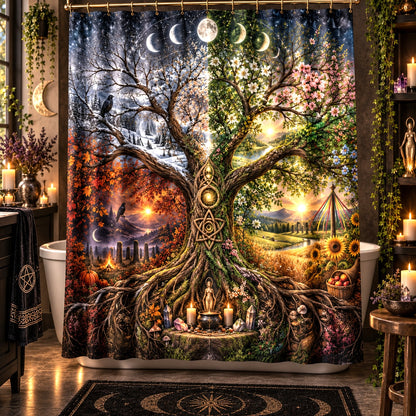 Tree of Life Shower Curtain - Four Seasons Pagan Wheel Decor