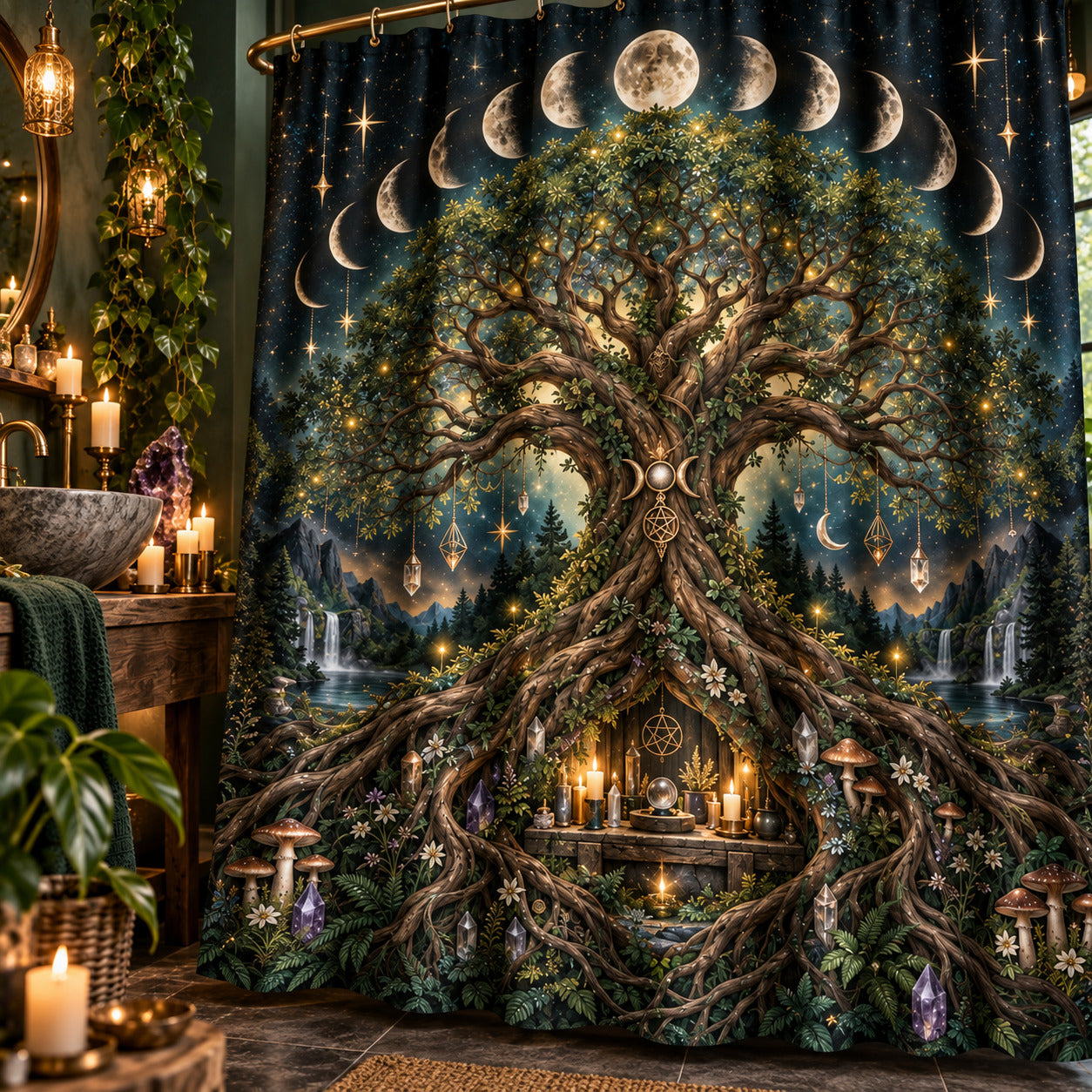 Tree of Life Shower Curtain - Moon Phase Pagan Witchy Decor, styled shot 4