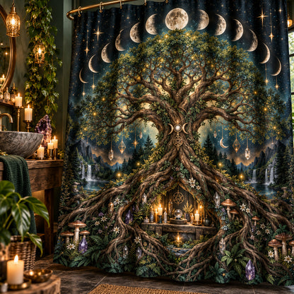 Tree of Life Shower Curtain - Moon Phase Pagan Witchy Decor, styled shot 4