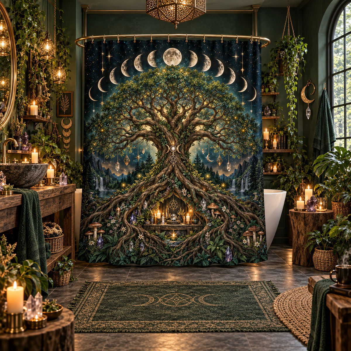 Tree of Life Shower Curtain - Moon Phase Pagan Witchy Decor, styled shot 5