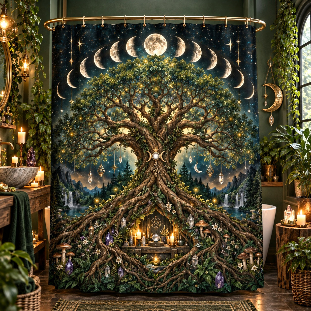 Tree of Life Shower Curtain - Moon Phase Pagan Witchy Decor