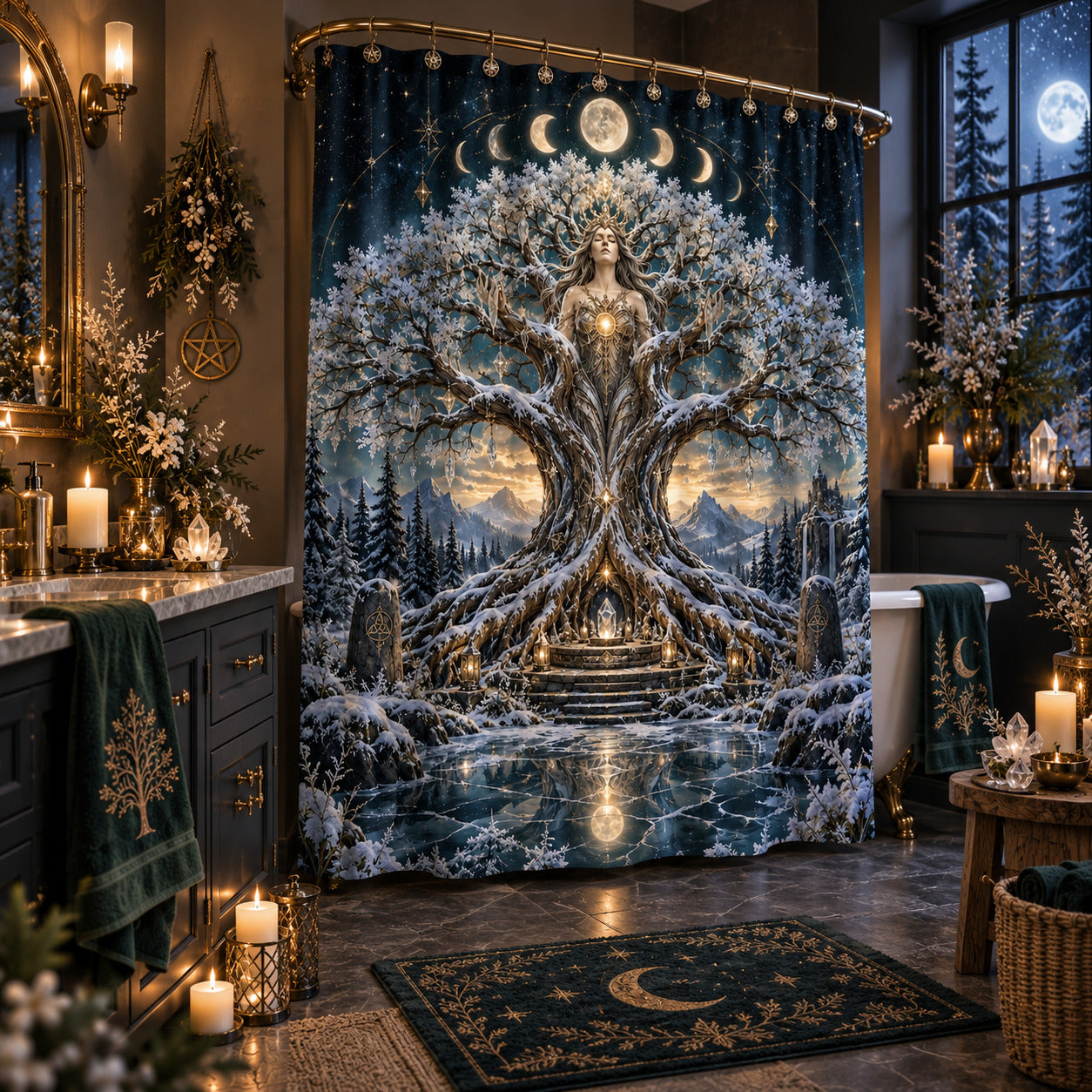 Tree of Life Shower Curtain - Yule Solstice Goddess Decor, styled shot 2