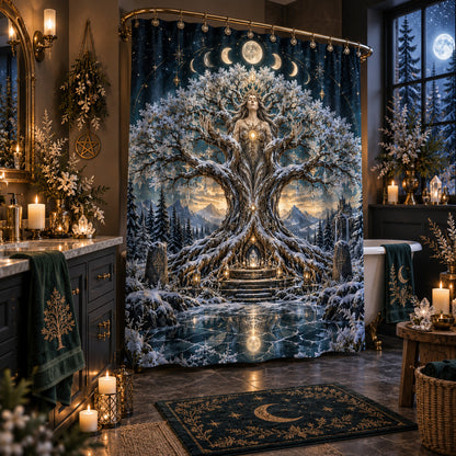 Tree of Life Shower Curtain - Yule Solstice Goddess Decor, styled shot 2