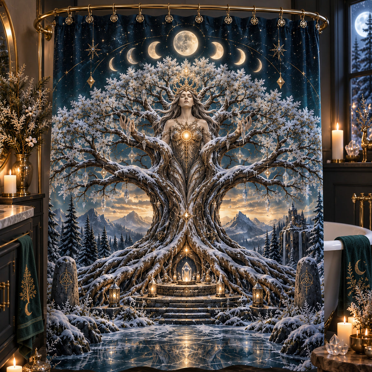 Tree of Life Shower Curtain - Yule Solstice Goddess Decor, styled shot 3