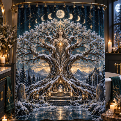 Tree of Life Shower Curtain - Yule Solstice Goddess Decor, styled shot 3