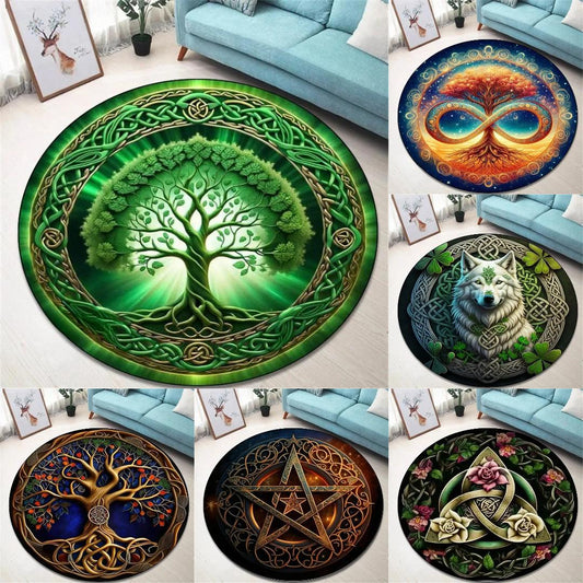 Vintage Celtic Tree of Life Round Rug Wicca Carpet for Pagan Home Decor