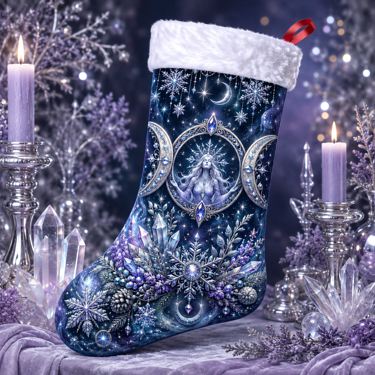 Triple Moon Christmas Stocking Blue Crystal Wiccan Goddess Decor