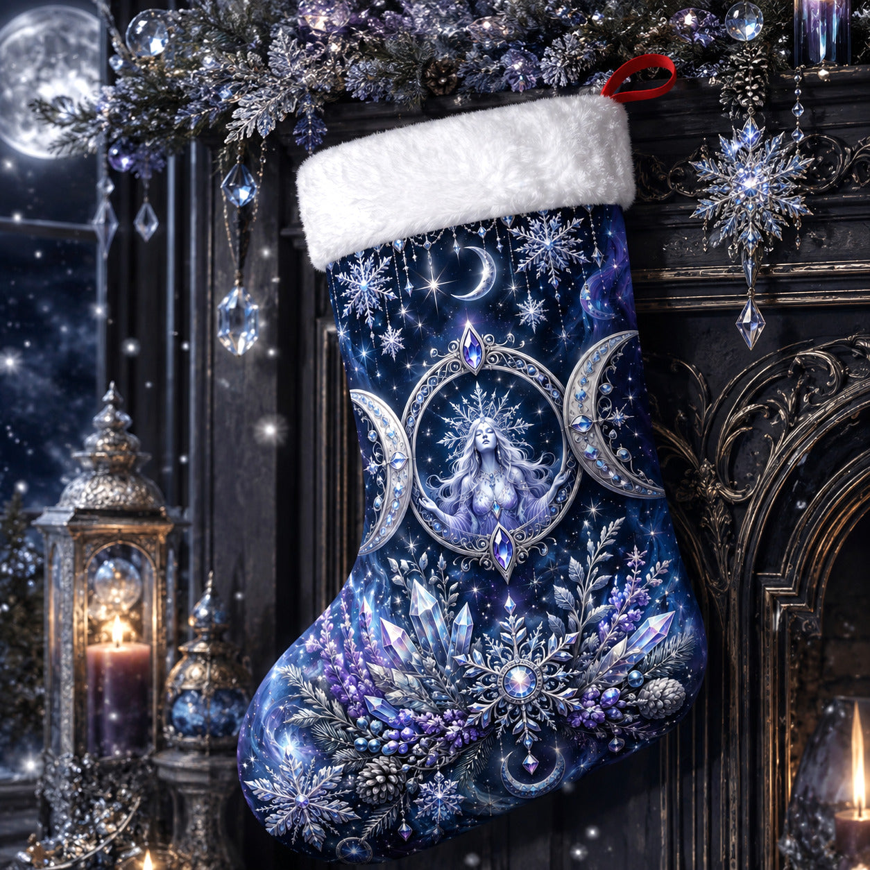 Triple Moon Christmas Stocking Blue Crystal Wiccan Goddess Decor, styled shot 2