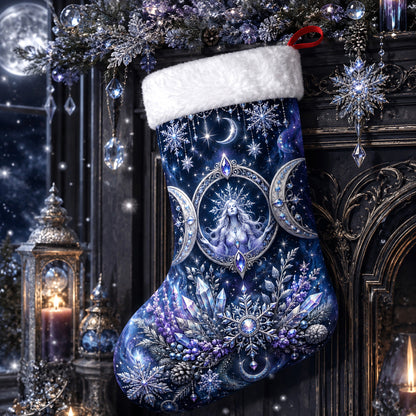 Triple Moon Christmas Stocking Blue Crystal Wiccan Goddess Decor, styled shot 2