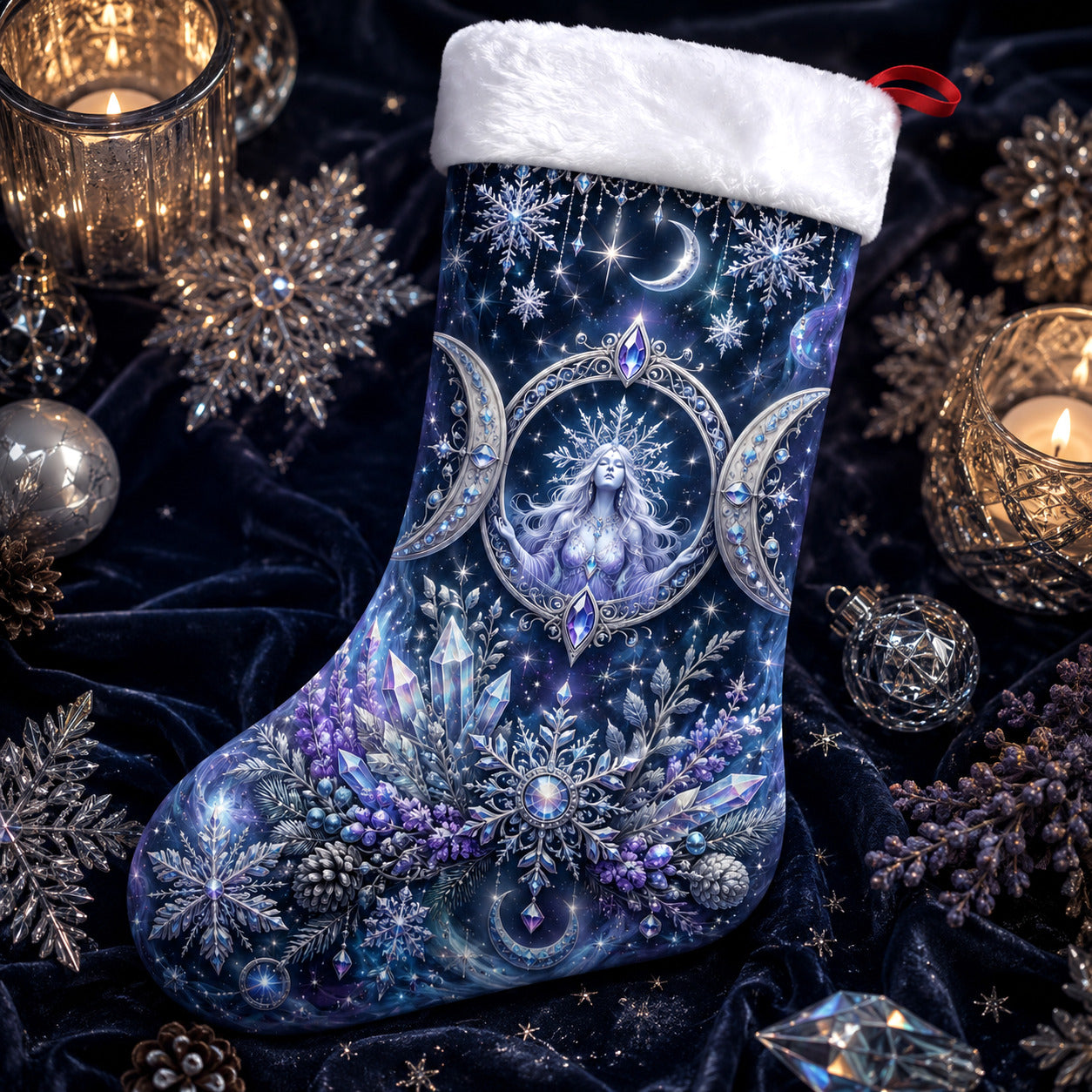 Triple Moon Christmas Stocking Blue Crystal Wiccan Goddess Decor, styled shot 3