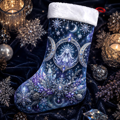 Triple Moon Christmas Stocking Blue Crystal Wiccan Goddess Decor, styled shot 3
