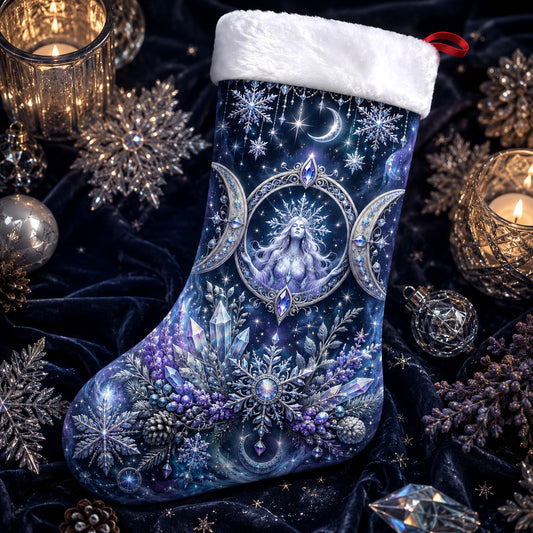 Triple Moon Christmas Stocking Blue Crystal Wiccan Goddess Decor, styled shot 3