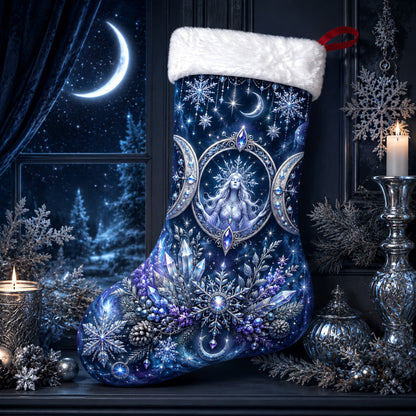 Triple Moon Christmas Stocking Blue Crystal Wiccan Goddess Decor, styled shot 4