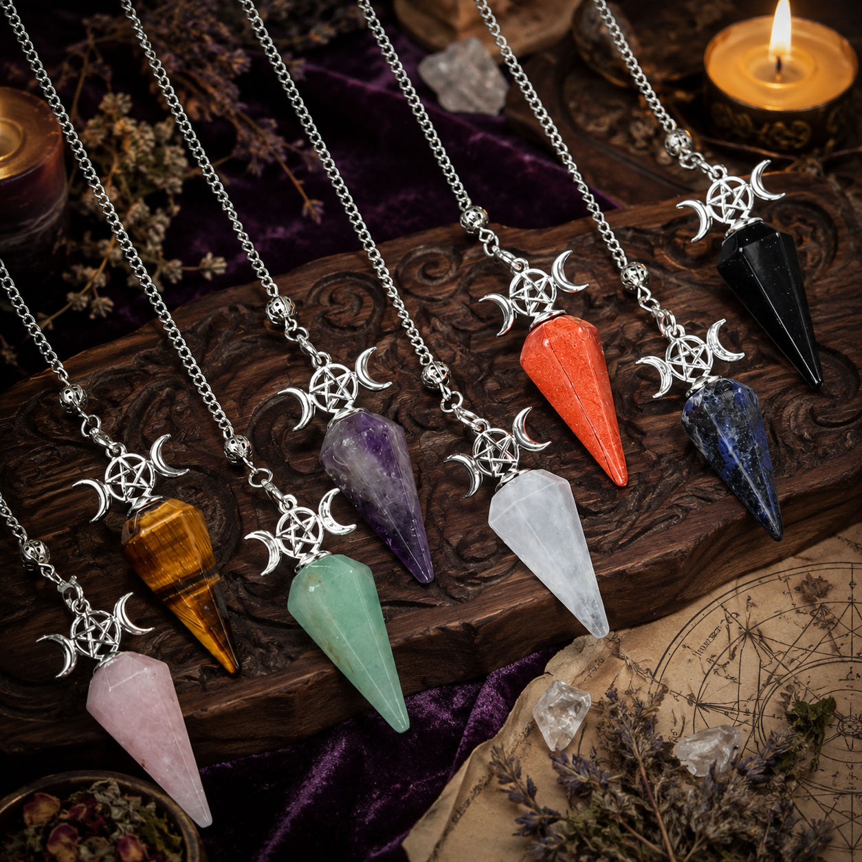 Eight natural stone Triple Moon pendulum variants in a Wiccan ritual scene