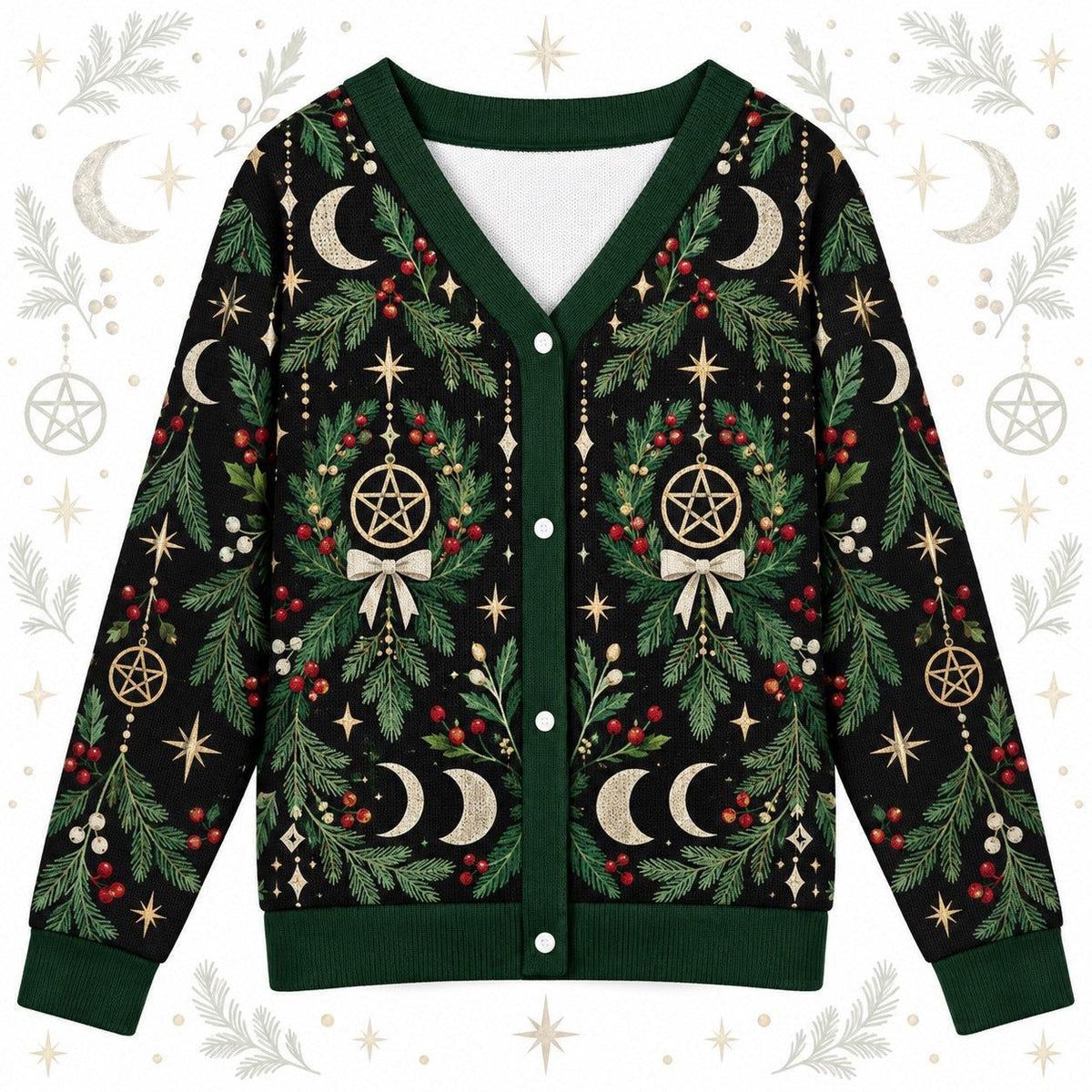 Triple Moon Pentacle Wreath Yule Cardigan for Women Wiccan Christmas, front view