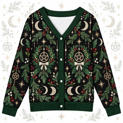 Triple Moon Pentacle Wreath Yule Cardigan for Women Wiccan Christmas, front view