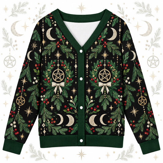 Triple Moon Pentacle Wreath Yule Cardigan for Women Wiccan Christmas, front view