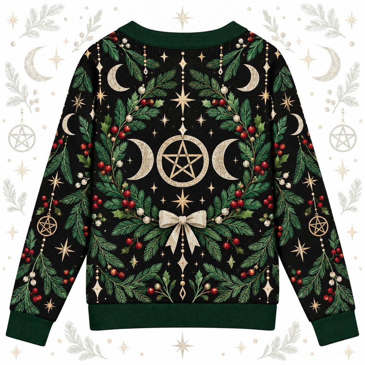 Triple Moon Pentacle Wreath Yule Cardigan for Women Wiccan Christmas, back view