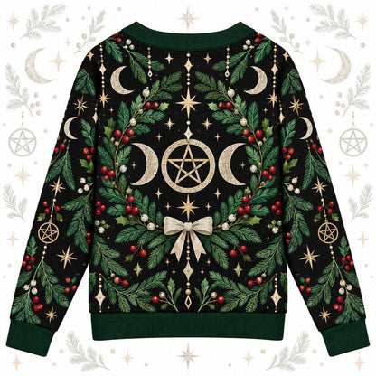 Triple Moon Pentacle Wreath Yule Cardigan for Women Wiccan Christmas, back view