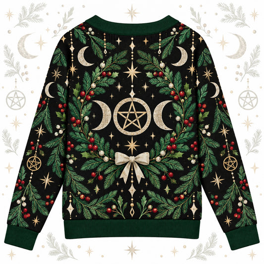 Triple Moon Pentacle Wreath Yule Cardigan for Women Wiccan Christmas, back view
