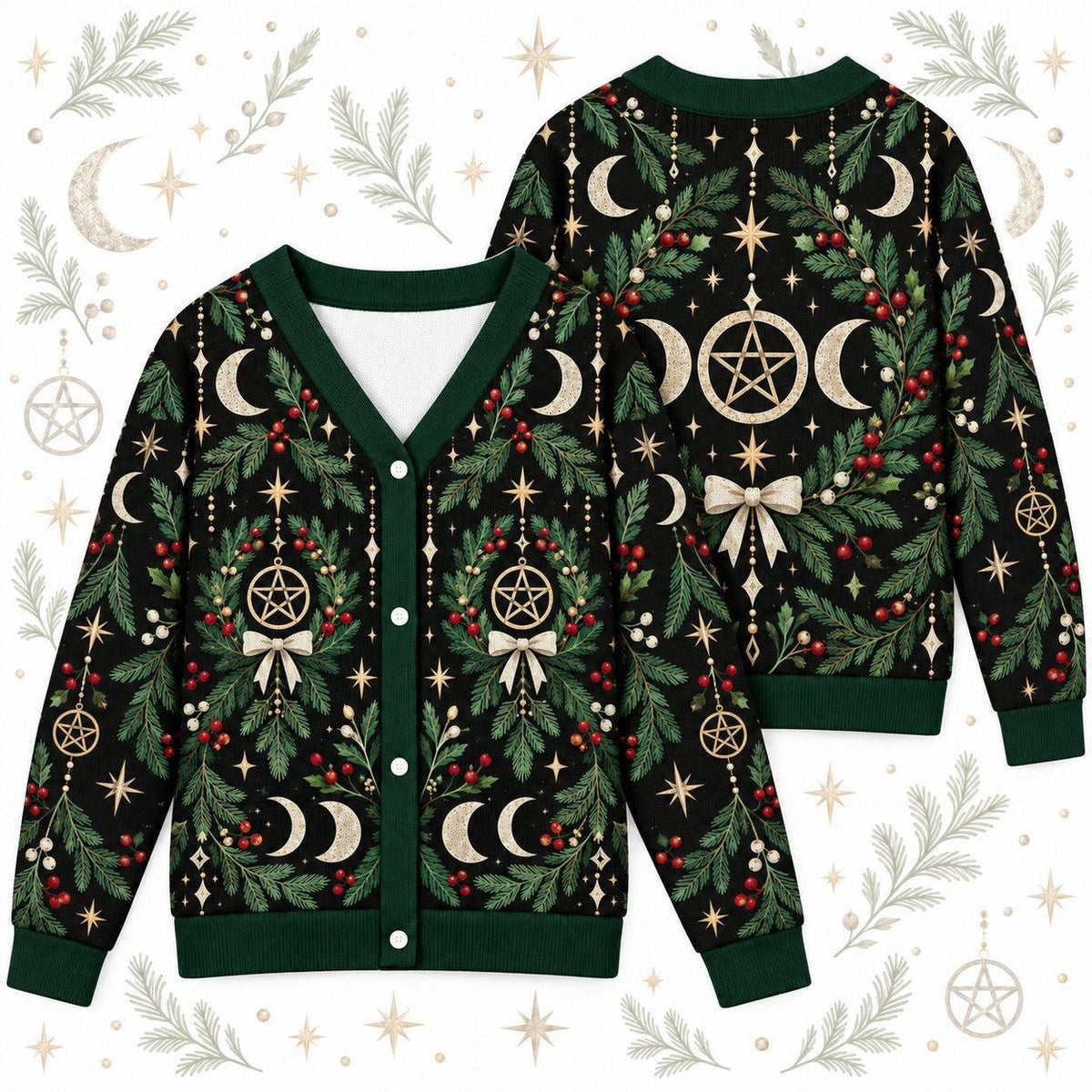 Triple Moon Pentacle Wreath Yule Cardigan for Women Wiccan Christmas, front and back shown together