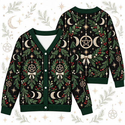 Triple Moon Pentacle Wreath Yule Cardigan for Women Wiccan Christmas, front and back shown together
