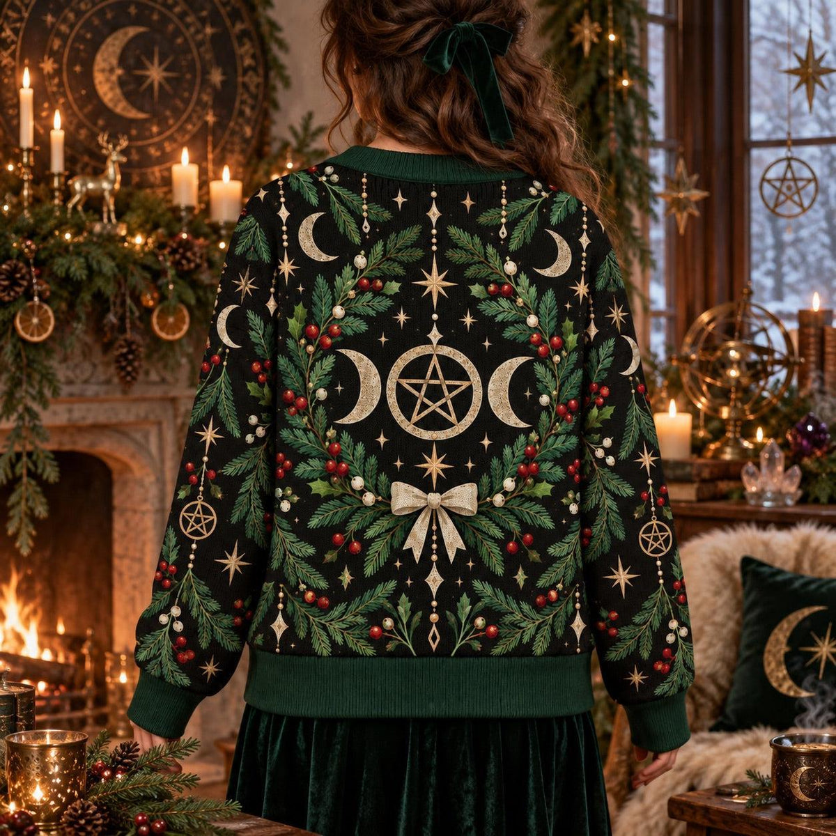 Triple Moon Pentacle Wreath Yule Cardigan for Women Wiccan Christmas, worn, back view