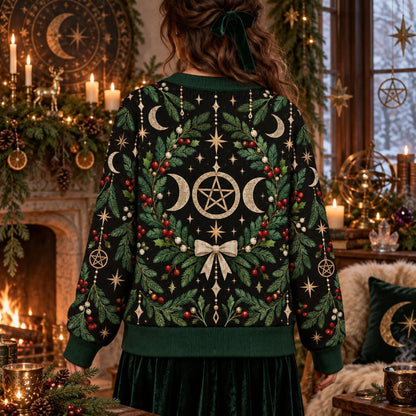 Triple Moon Pentacle Wreath Yule Cardigan for Women Wiccan Christmas, worn, back view