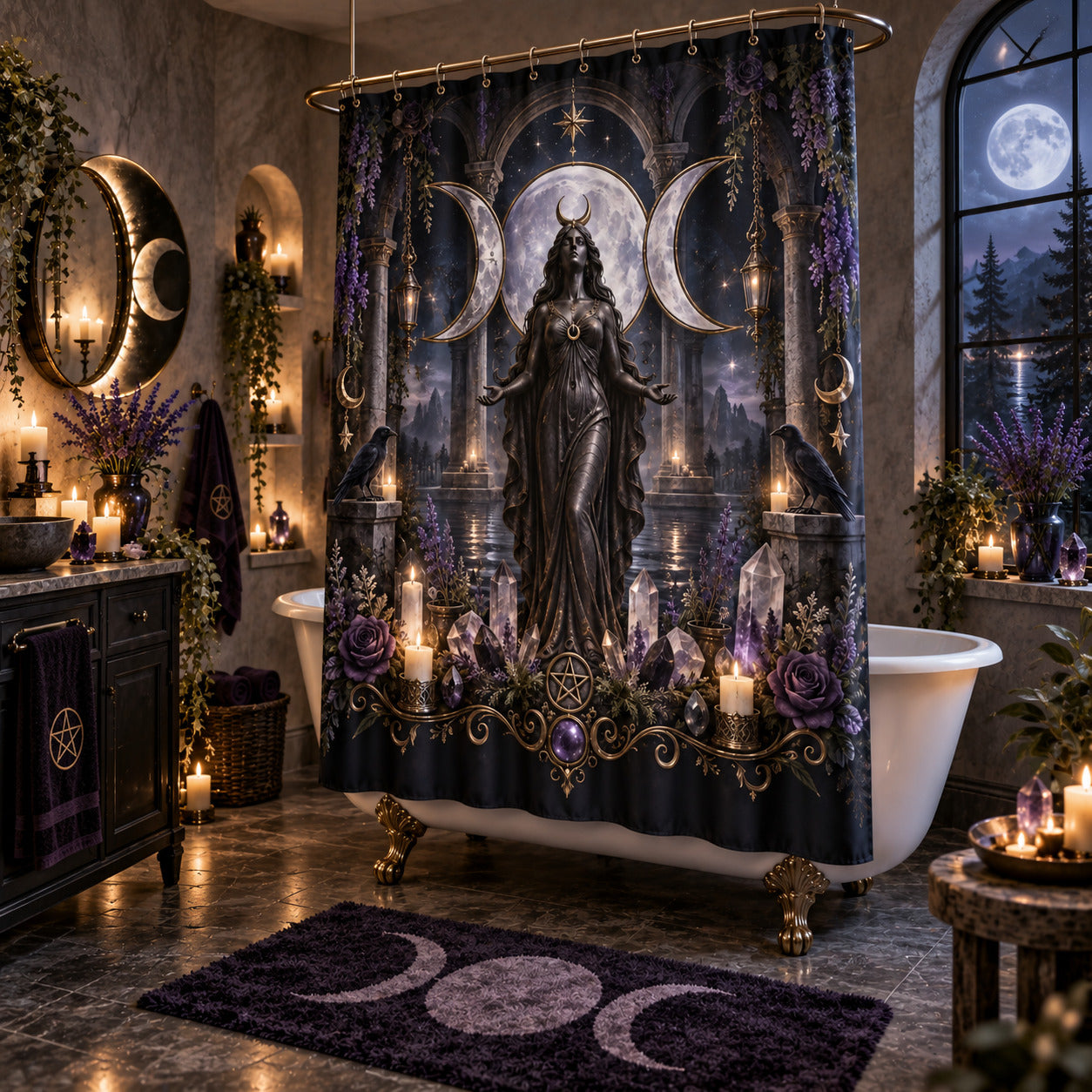 Triple Moon Shower Curtain - Wiccan Goddess Statue Decor, styled shot 2